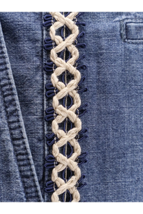 Beige braided cord with navy blue fabric loops on blue denim valentino men’s denim shorts front side