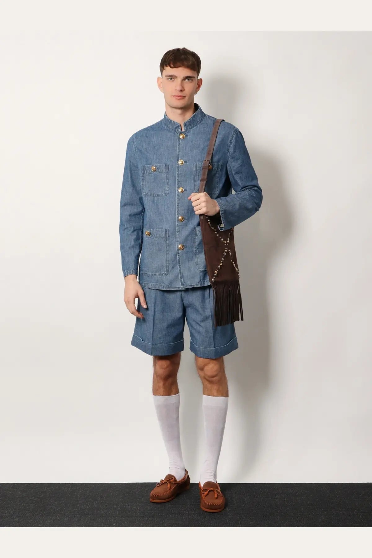 Blue denim jacket with gold-tone buttons and mandarin collar from valentino mens valentino denim shorts blue collection