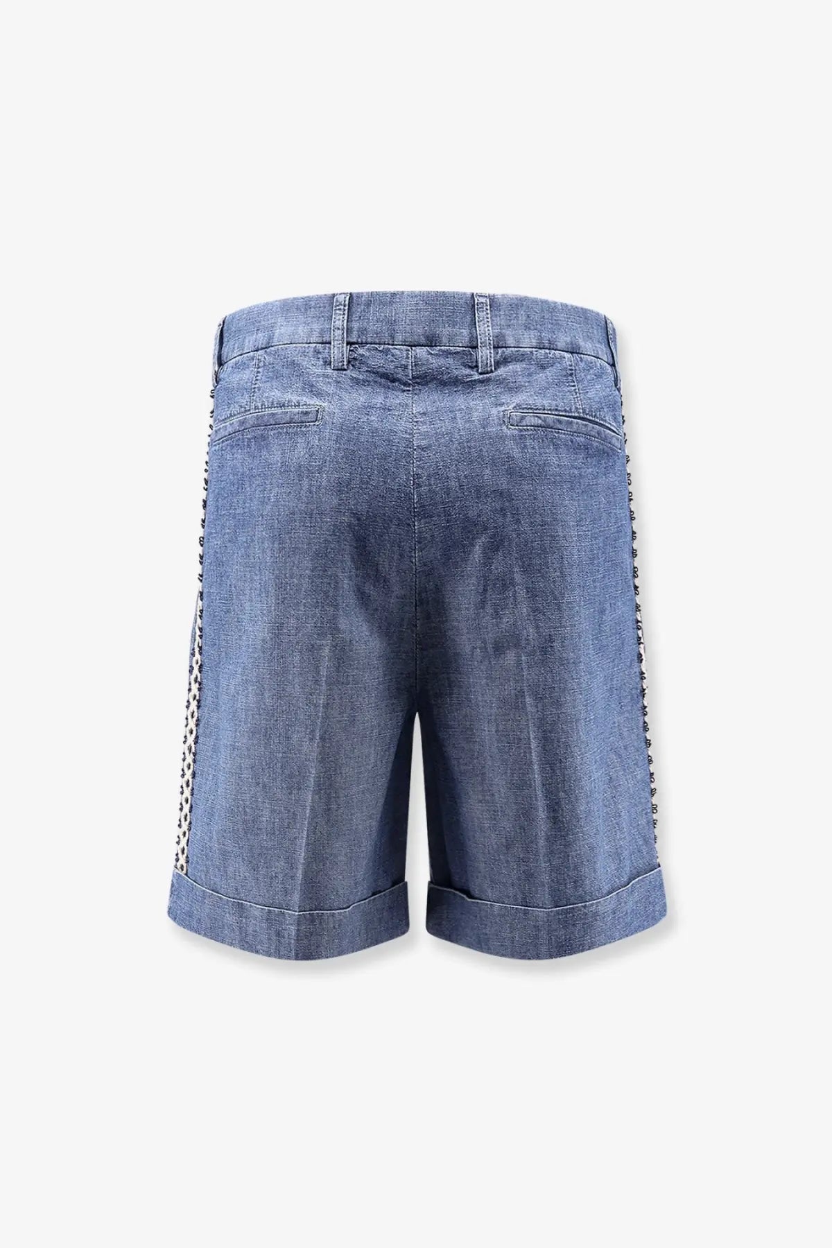 Valentino men’s blue denim shorts with rolled cuffs and black and white polka dot decorative side panels