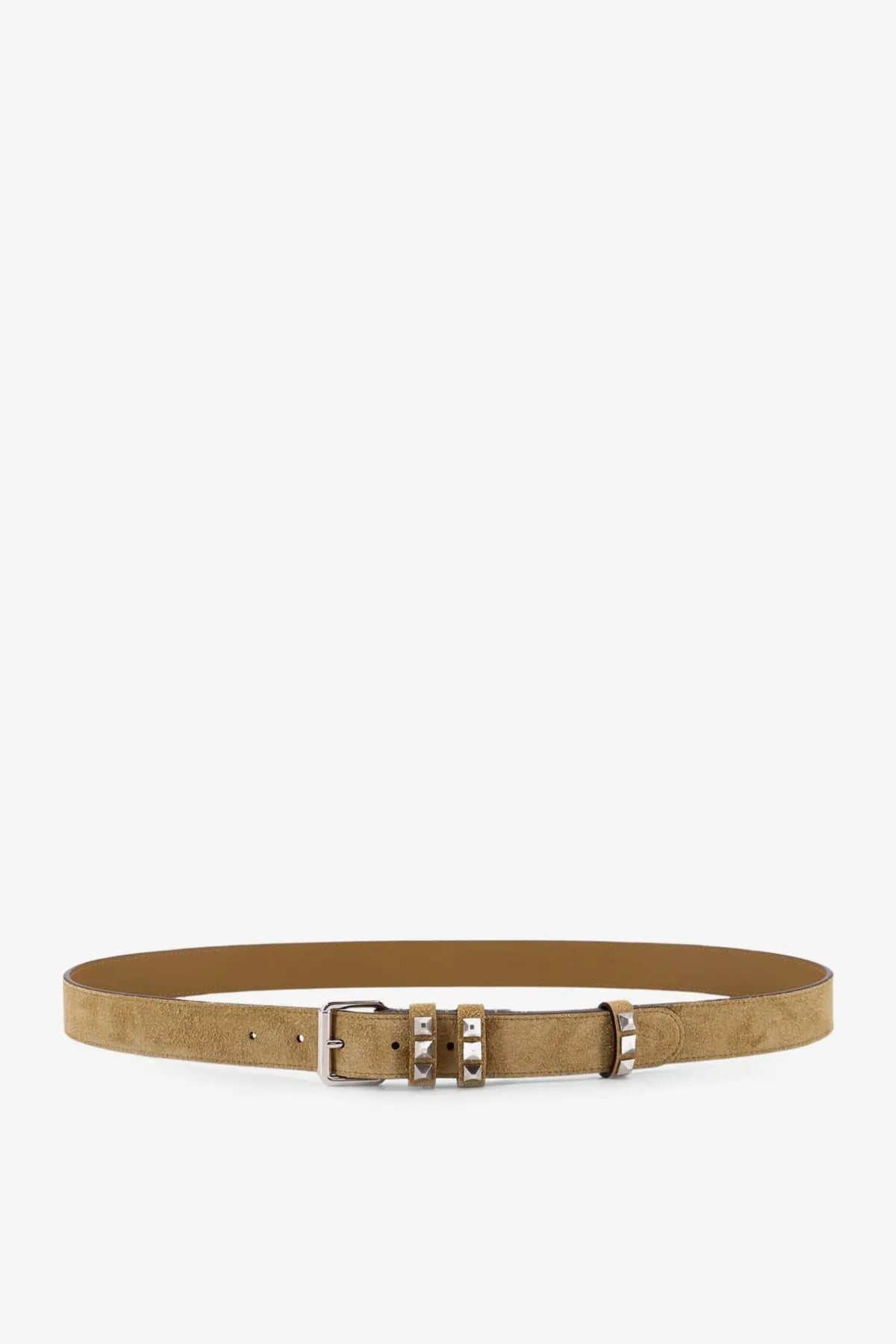 Valentino men’s flaneuse suede belt beige with tan leather, silver-toned buckle, and decorative studs