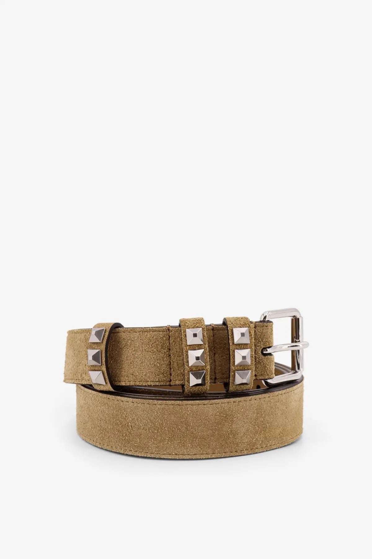 Valentino men’s flaneuse suede belt beige featuring tan suede with silver-toned pyramid studs and polished metal buckle