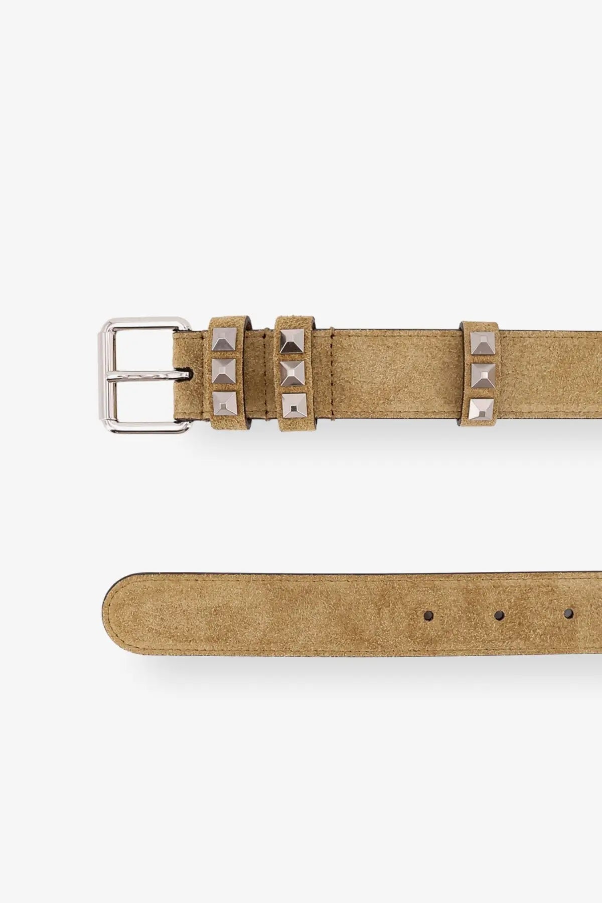 Valentino men’s flaneuse suede belt beige with tan suede, silver toned square studs, and polished metal buckle