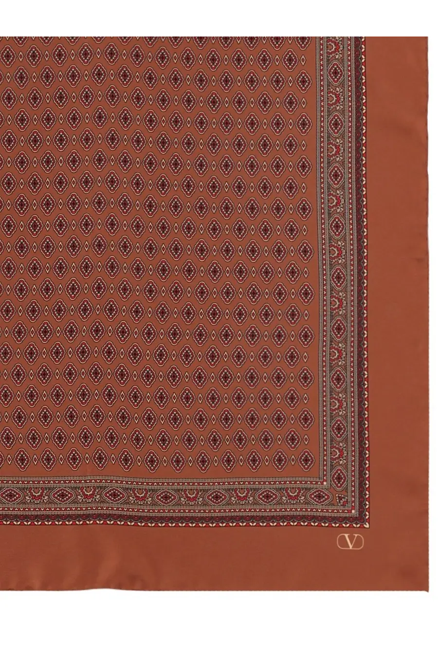 Valentino men’s foulard in seta red rust-colored silk with dark red diamond geometric pattern and ornate trim