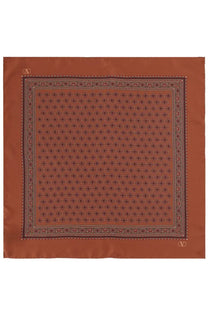 Valentino men’s foulard in seta red rust-colored silk scarf with geometric pattern and intricate border detailing