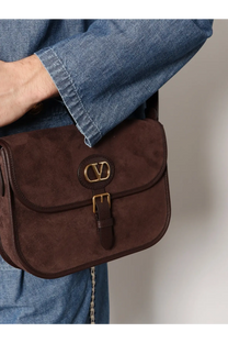 Brown suede Valentino men’s shoulder bag with gold-tone logo clasp and leather strap from Valentino Garavani Gold