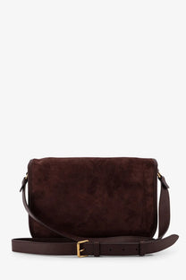 Valentino men’s Valentino Garavani gold rich brown suede crossbody bag with matching leather strap and gold-tone buckle