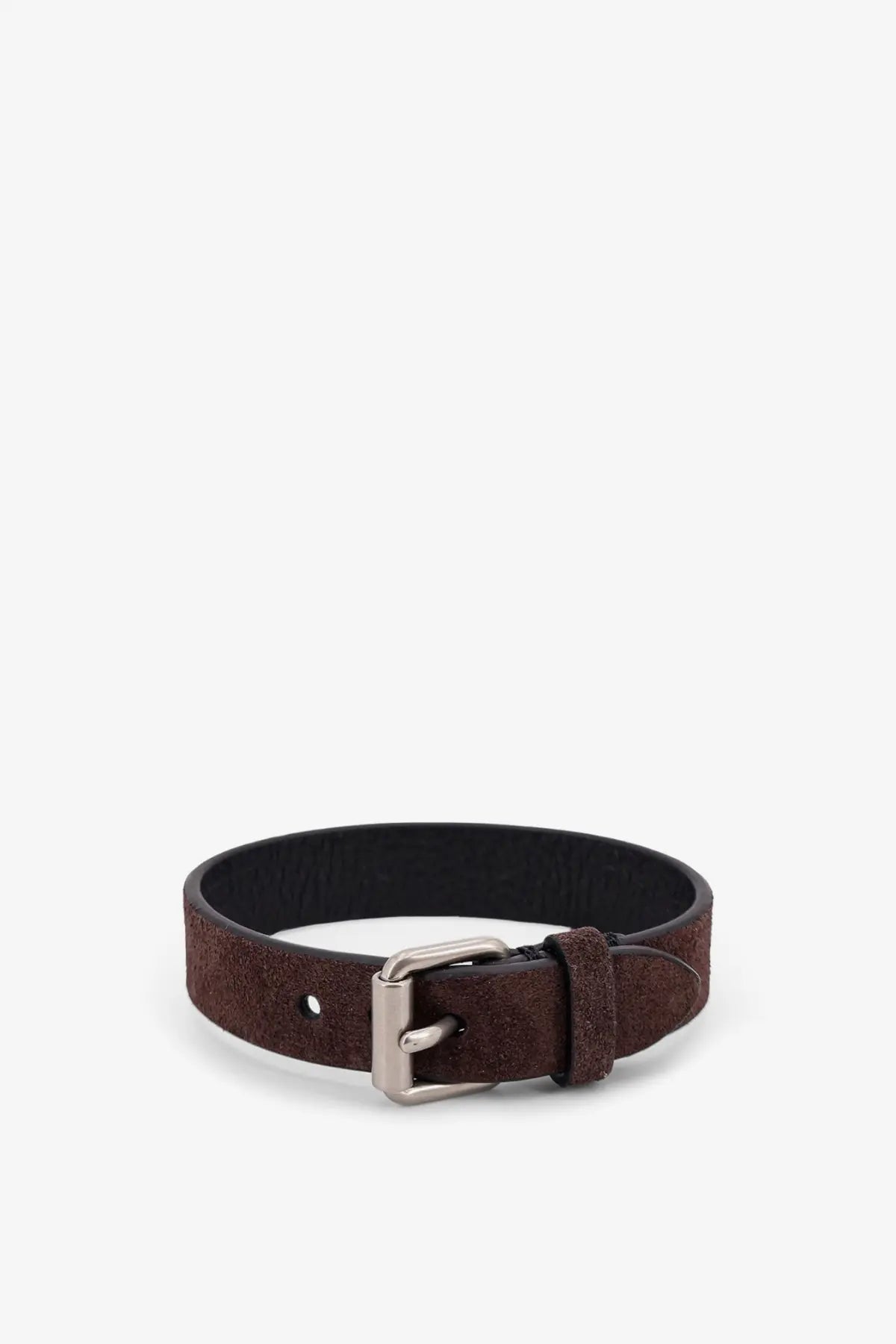 Brown suede belt with silver-toned buckle paired with valentino men’s leather bracelet gold in stylish combination