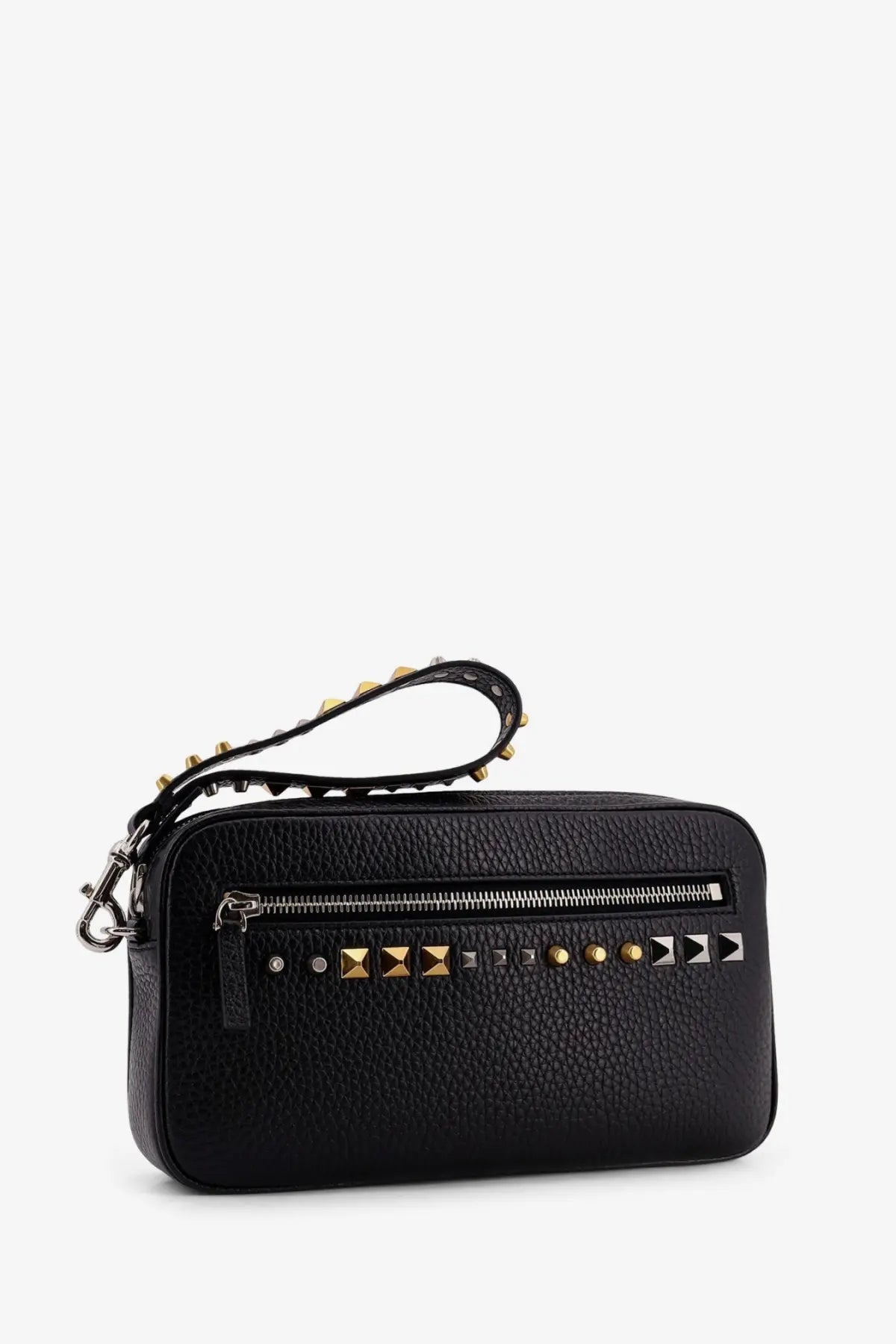 Valentino men’s black pebbled leather clutch with gold and silver pyramid studs and studded wrist strap