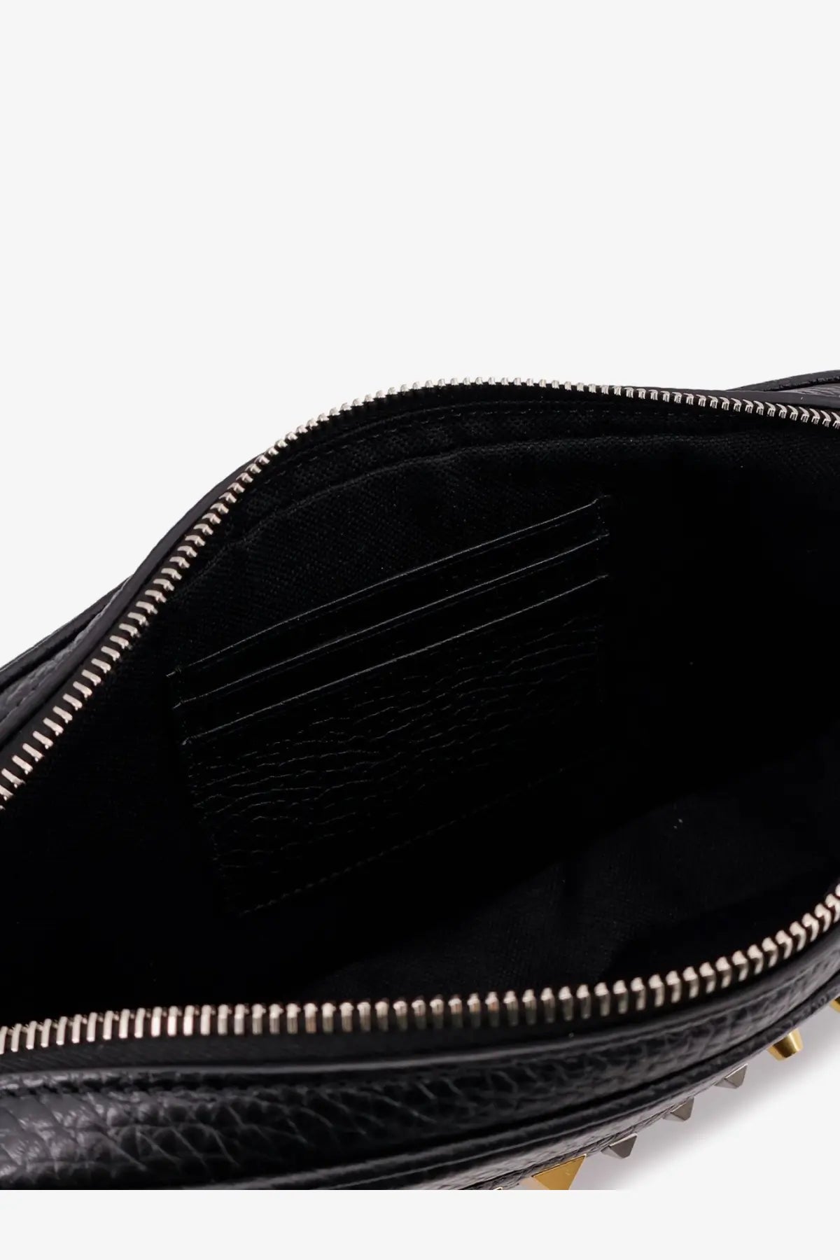 Valentino men’s Valentino Garavani black leather clutch with gold-tone studs along the zipper edge crossbody bag