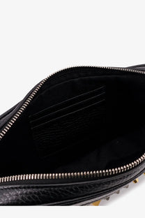 Valentino men’s Valentino Garavani black leather clutch with gold-tone studs along the zipper edge crossbody bag
