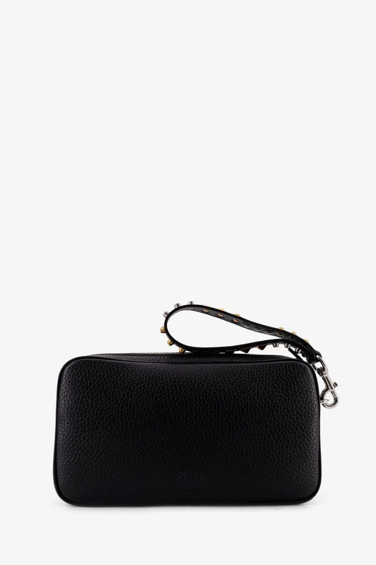 Valentino men’s Valentino Garavani black leather clutch with textured finish studded wrist strap and silver hardware