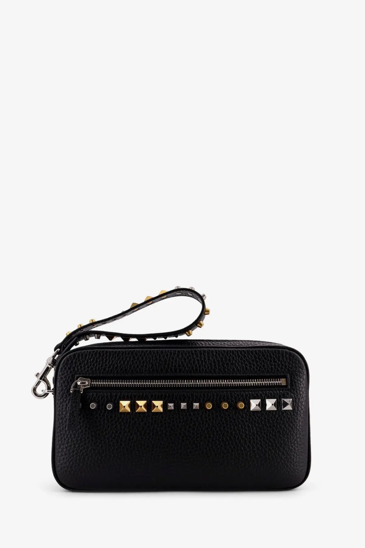 Valentino men’s Valentino Garavani black leather clutch wristlet with gold and silver pyramid studs on front zipper