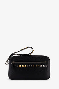 Valentino men’s Valentino Garavani black leather clutch wristlet with gold and silver pyramid studs on front zipper