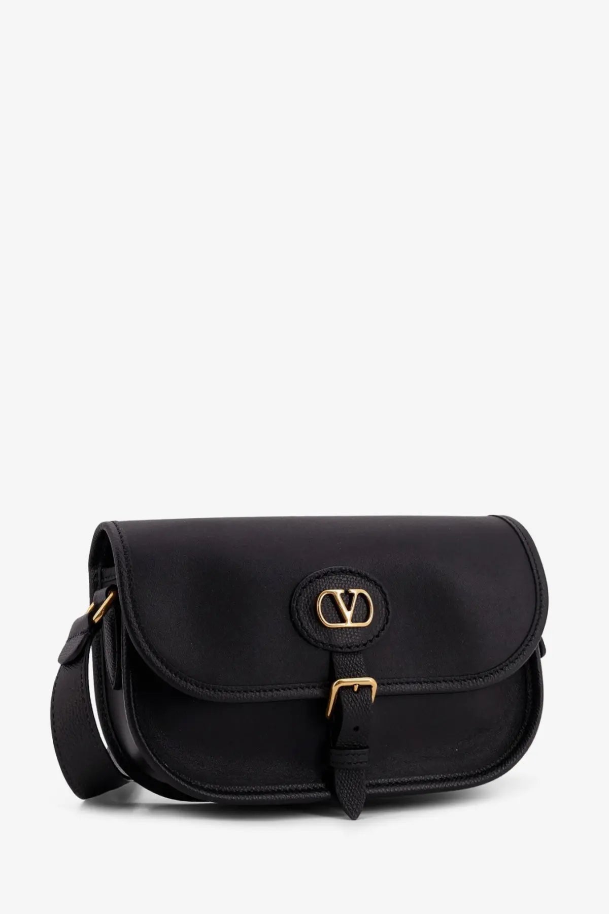 Valentino men’s black leather Garavani shoulder bag with gold-tone logo clasp and buckle crossbody style