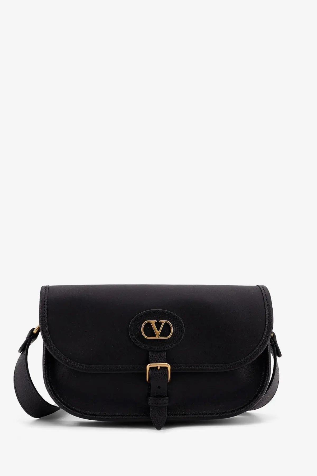 Black leather Valentino Garavani shoulder bag with gold-tone hardware and central logo clasp for men
