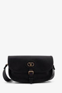 Black leather Valentino Garavani shoulder bag with gold-tone hardware and central logo clasp for men
