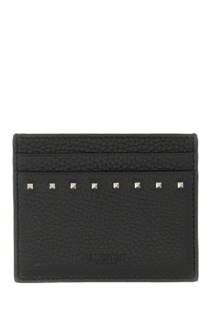 Valentino men’s garnet black calfskin card holder with textured leather and silver toned studs across the top