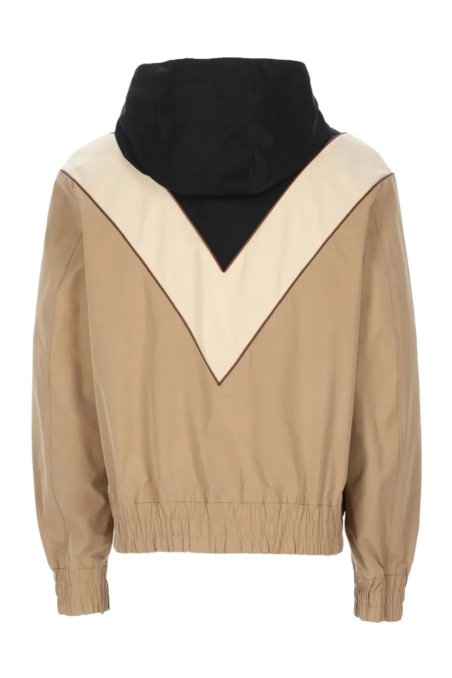 Valentino men’s giacca vlogo signature beige hooded jacket with bold black v-shaped color block design