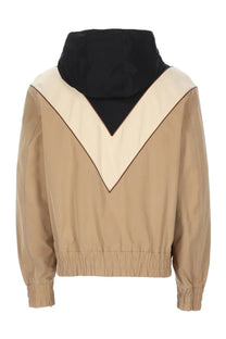 Valentino men’s giacca vlogo signature beige hooded jacket with bold black v-shaped color block design