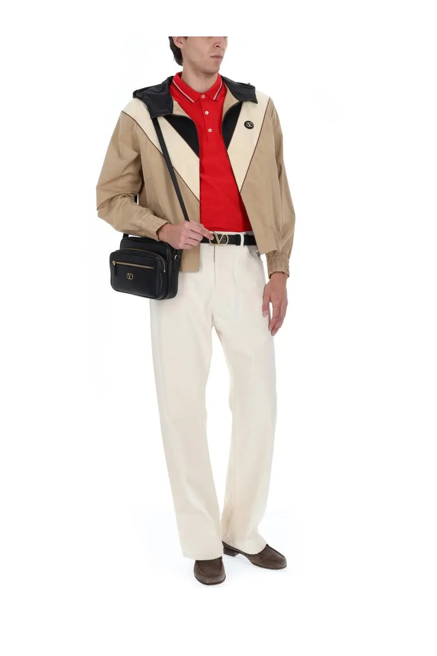 Black leather crossbody bag with gold tone hardware and minimalist design featured with valentino men’s giacca vlogo signature beige
