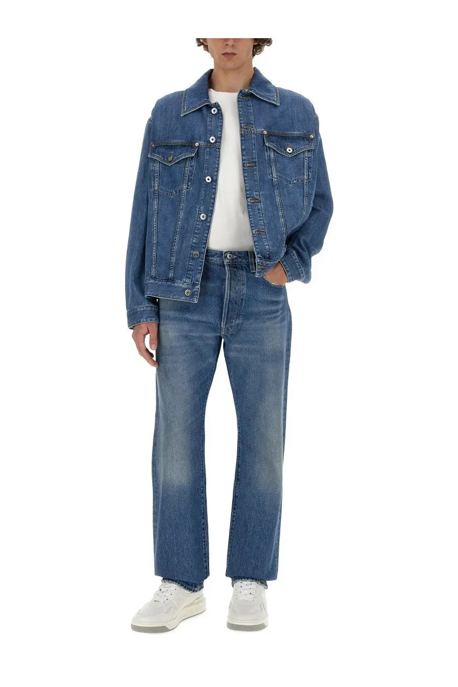 Valentino men’s jeans blue denim jacket with classic button-front design and chest pockets