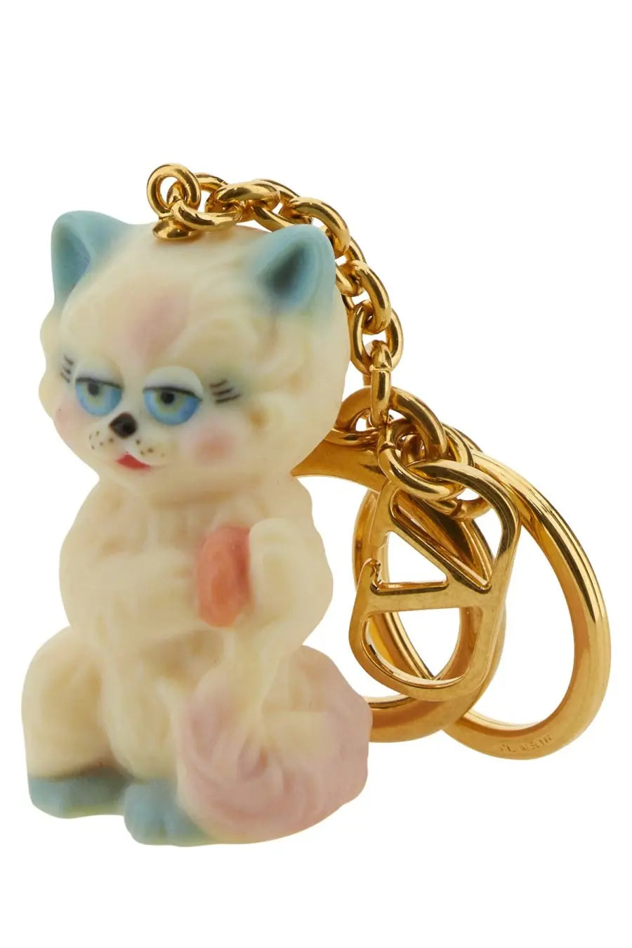 Valentino men’s le chat de la maison resin keychain cream with blue ears paws holding pink rose on gold-tone chain