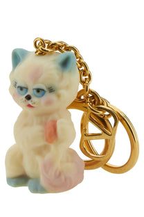 Valentino men’s le chat de la maison resin keychain cream with blue ears paws holding pink rose on gold-tone chain