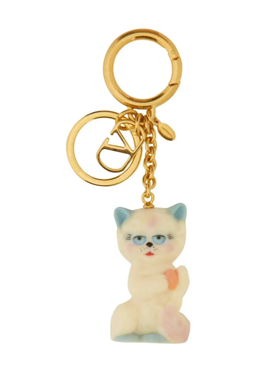 Valentino men’s le chat de la maison gold-tone keychain with pastel cat figurine blue ears eyes and pink accents