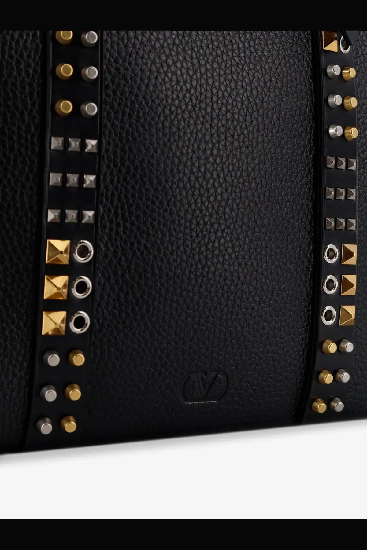 Valentino men’s black leather shoulder bag with gold and silver-toned studs arranged in vertical rows along the sides