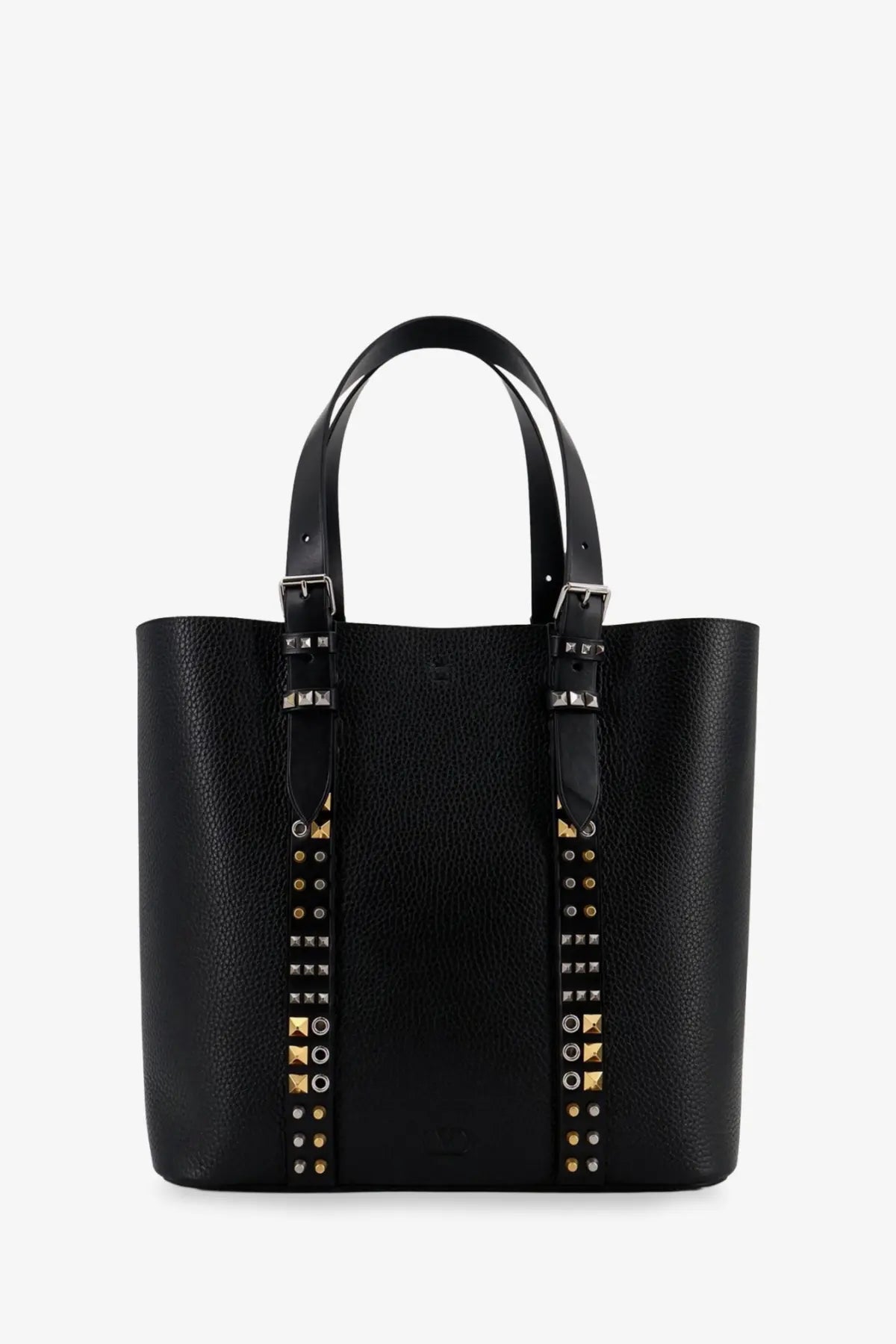 Valentino men’s black leather tote bag with pebbled texture and gold and silver toned studs on front straps