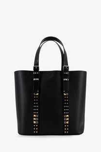 Valentino men’s black leather tote bag with pebbled texture and gold and silver-toned studs along the sides