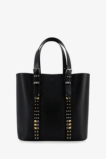 Valentino men’s black pebbled leather tote bag with gold and silver toned studs along front straps