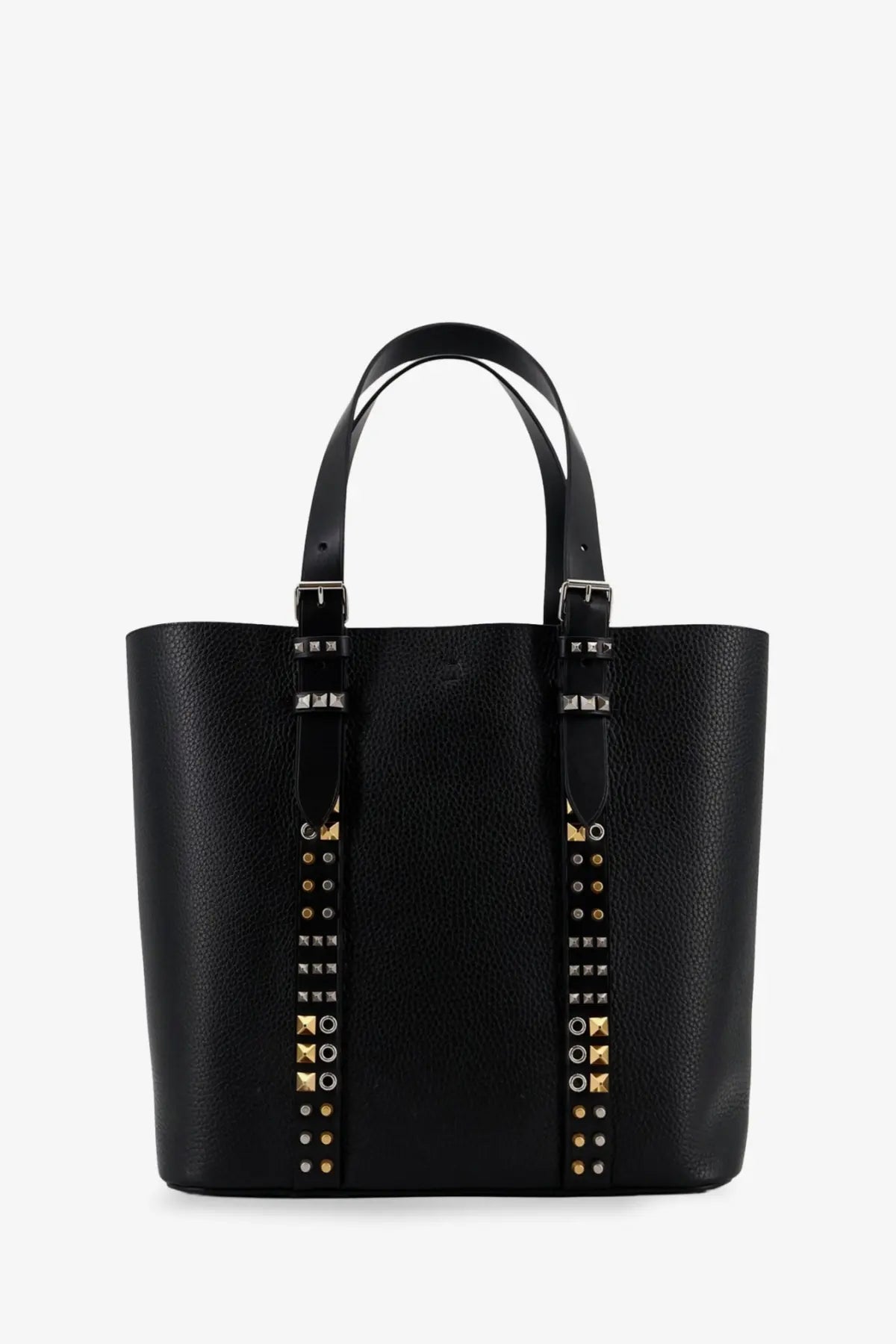 Valentino men’s black pebbled leather tote bag with gold and silver toned studs along the sides