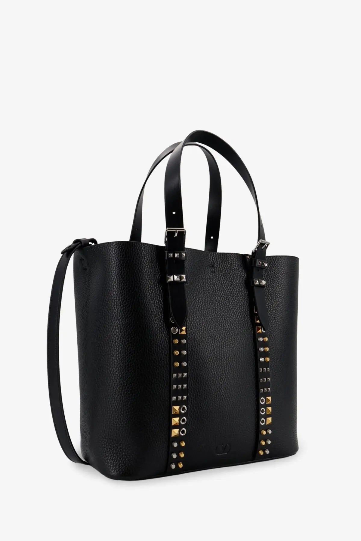 Valentino men’s black leather shoulder tote bag with pebbled texture and gold and silver toned studs along sides