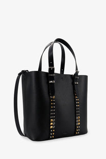 Valentino men’s black leather shoulder tote bag with pebbled texture and gold and silver toned studs along sides