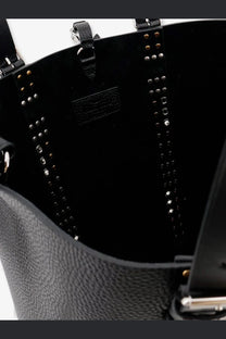 Valentino men’s black leather shoulder bag with textured leather and silver and gold toned studs on straps