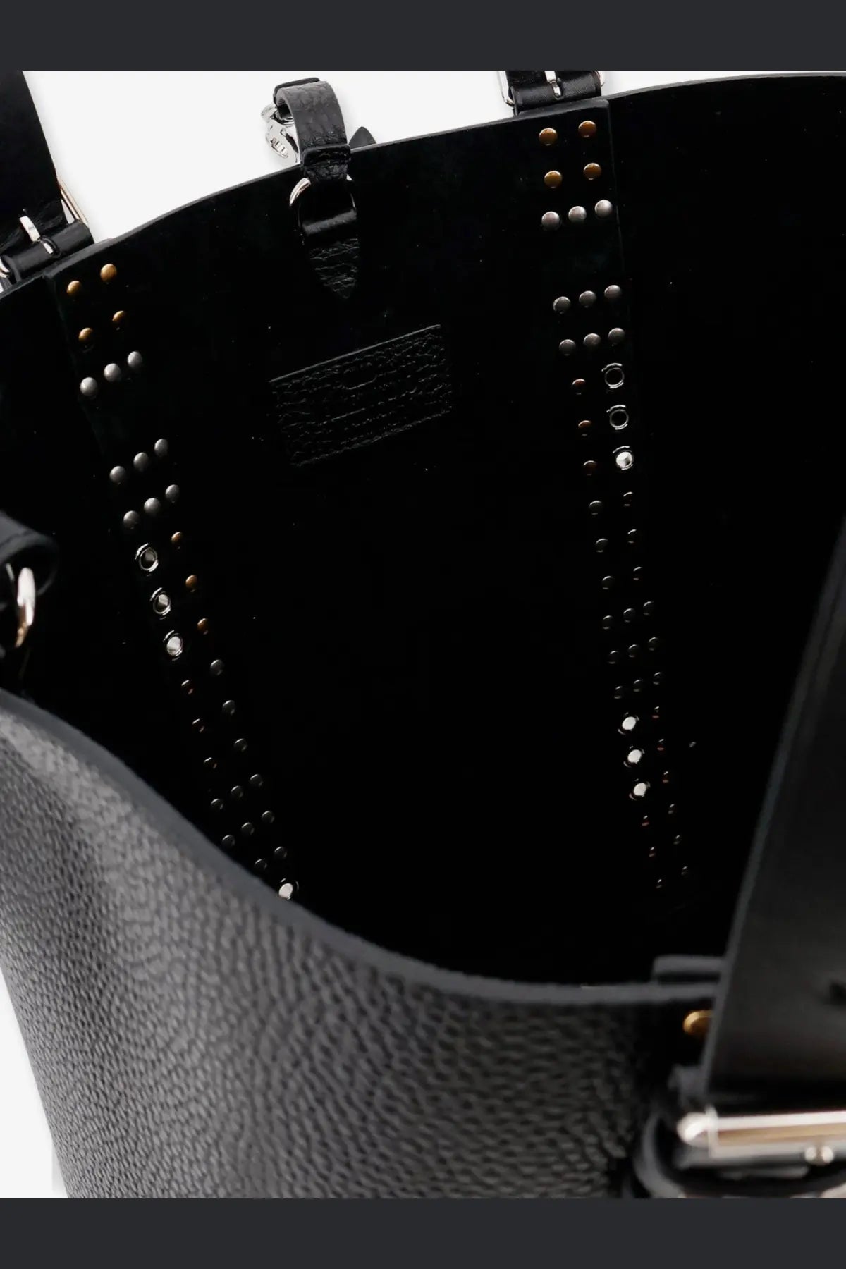 Valentino men’s black leather bucket bag with silver and gold-toned studs on textured straps