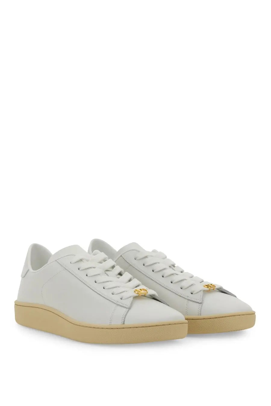 Valentino men’s white leather sneakers with gold-tone eyelets and beige rubber sole for casual wear