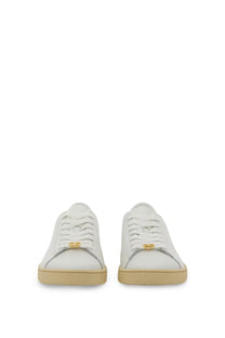 Valentino men’s white leather sneakers with gold-tone metal eyelets and beige rubber sole
