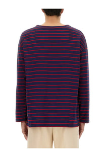 Valentino men’s long sleeve shirt navy blue and red striped cotton fabric with round neckline for casual wear