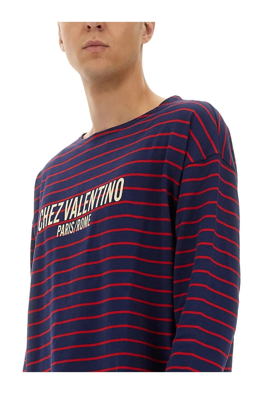 Valentino men’s long sleeve shirt in navy blue and red stripes with chez valentino paris rome print on chest