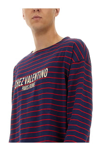 Valentino men’s long sleeve shirt in navy blue and red stripes with chez valentino paris rome print on chest
