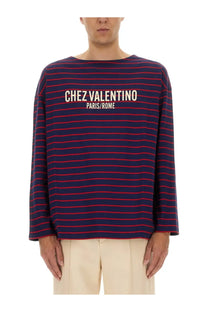 Valentino men’s long sleeve shirt in navy blue and red stripes with cream chez valentino paris rome print