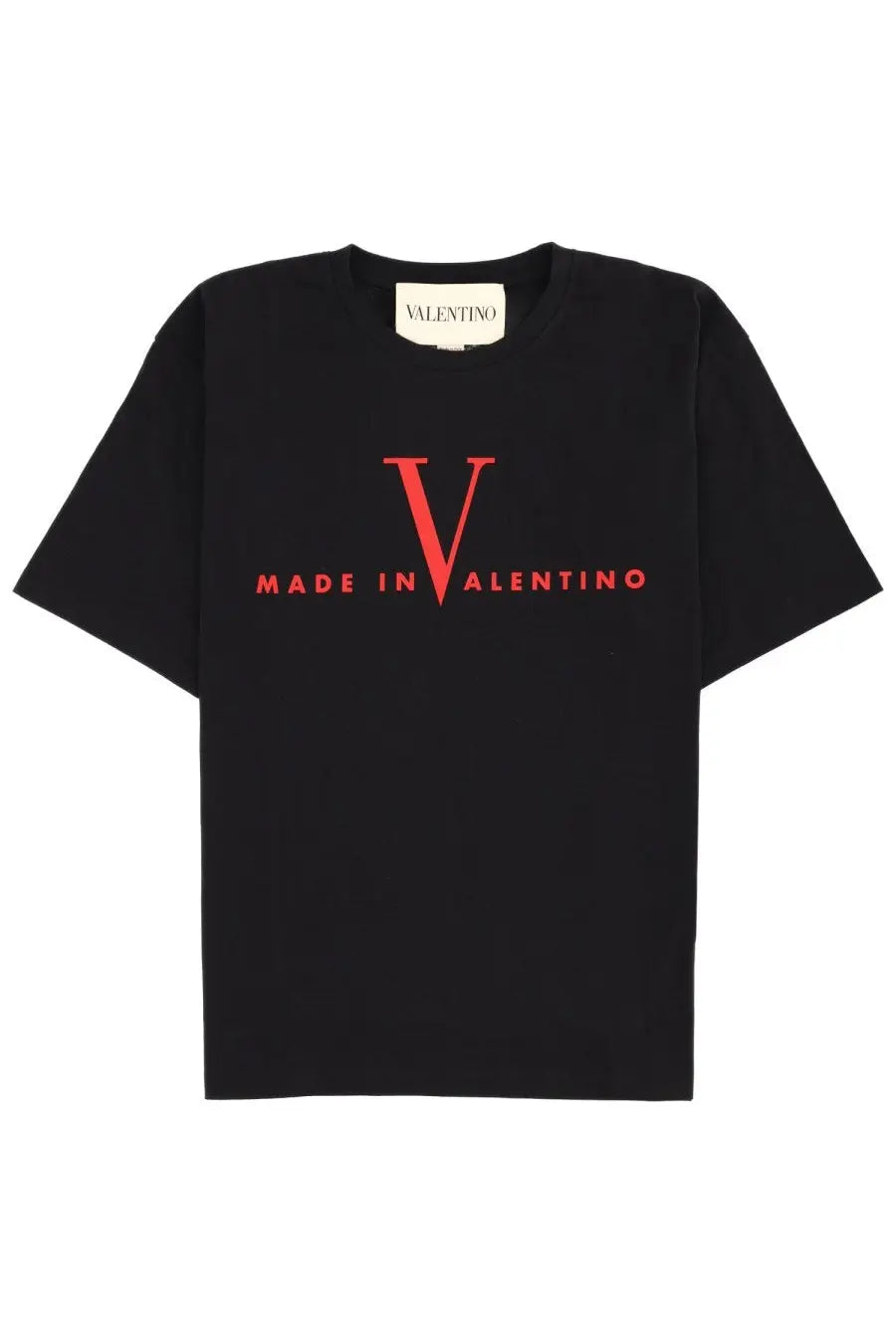 Black valentino men’s t-shirt featuring bold red v and made in valentino lettering on the chest