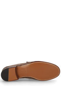 Valentino men’s mocassino vlogo signature brown leather loafer with tan stitching and black rubber heel shown from back side
