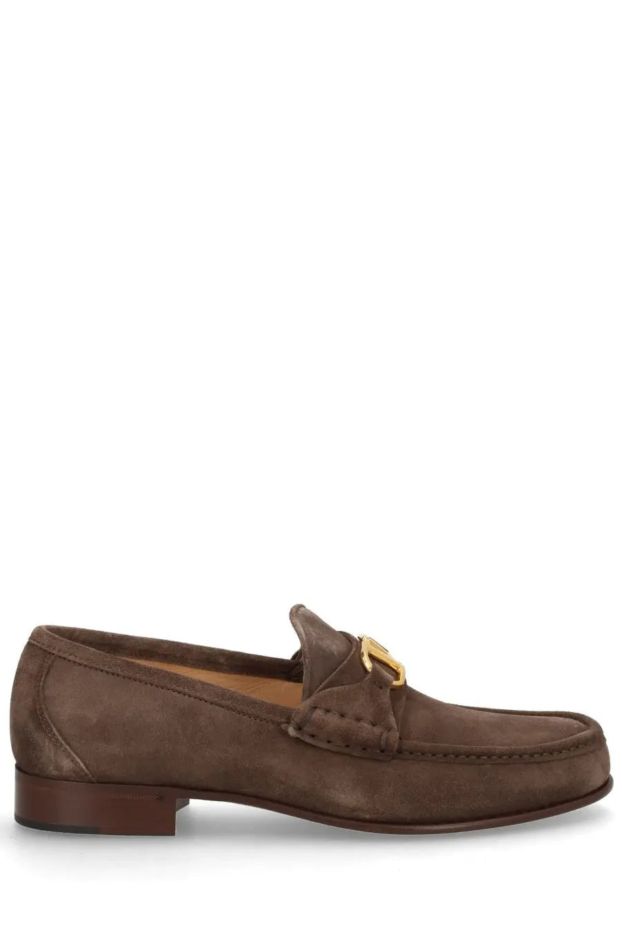 Valentino men’s mocassino vlogo signature brown brown suede loafer with gold tone horsebit buckle front view