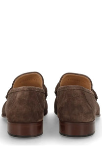 Valentino men’s mocassino vlogo signature brown suede loafers with classic moccasin design and dark brown leather soles