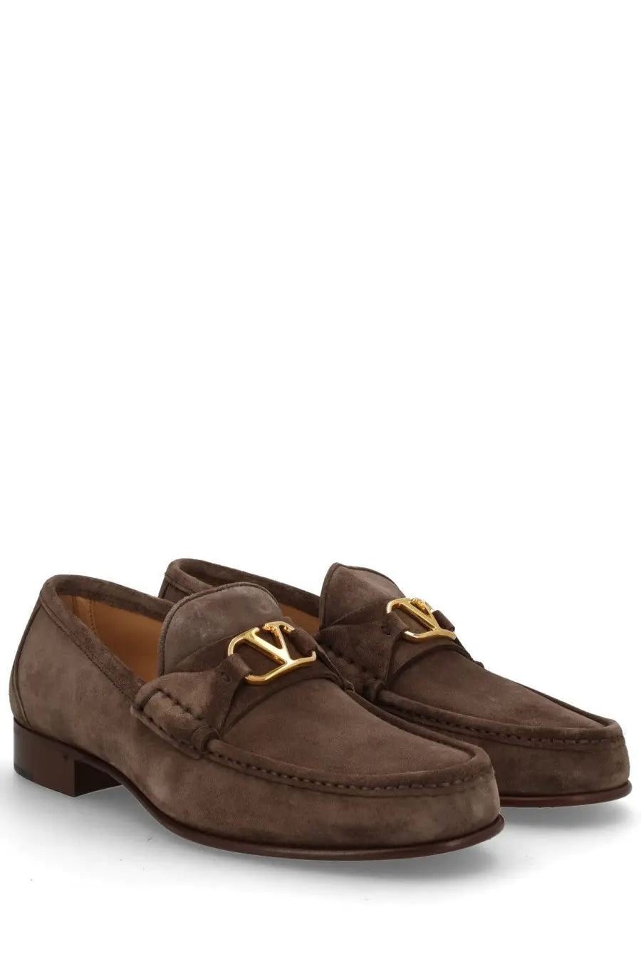 Valentino men’s mocassino vlogo brown suede loafers with gold-tone lv logo buckles elegant and stylish footwear