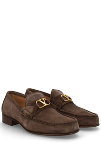 Valentino men’s mocassino vlogo brown suede loafers with gold-tone lv logo buckles elegant and stylish footwear
