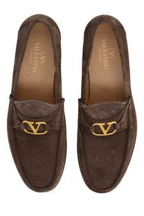 Valentino men’s mocassino vlogo brown suede loafers with gold-tone lv logo hardware